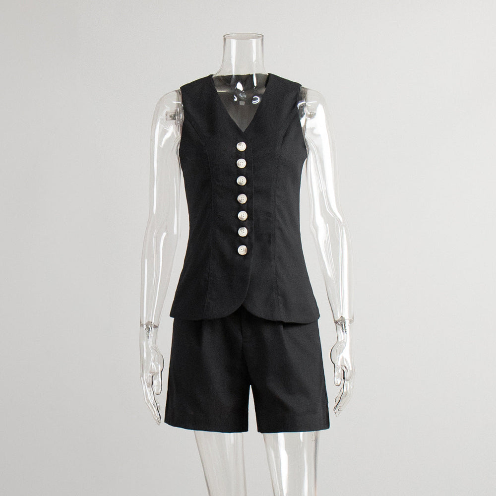 Cotton Linen Vest Shorts Set Summer Office Vest Shorts Set Casual Women