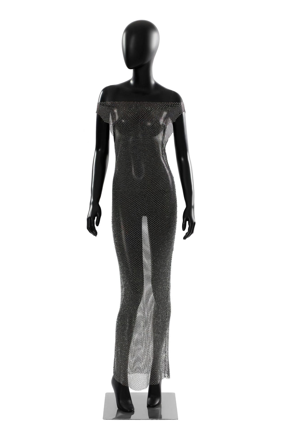 Sexy Mesh Maxi Dress Rhinestone See through Dress Fishnet Rhinestone off Neck Dress Elastic Dress
