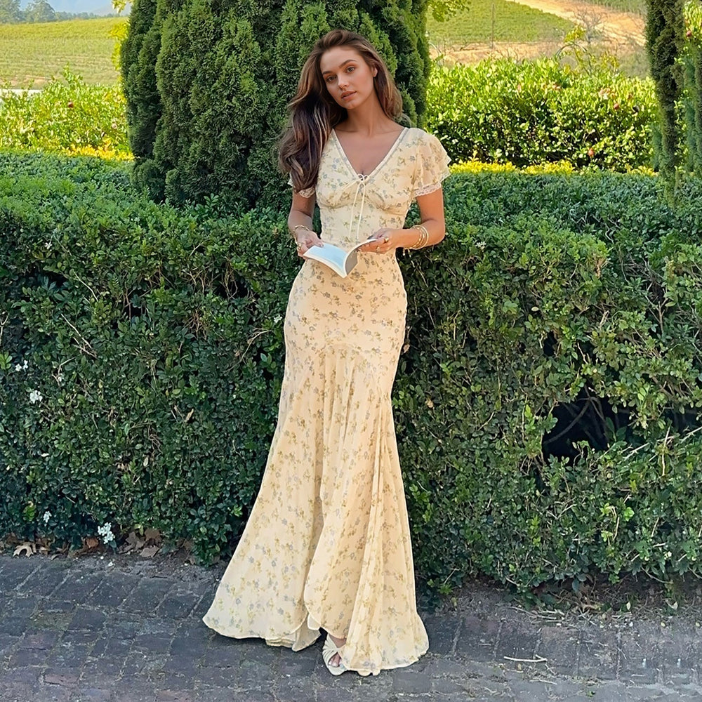 Summer French Elegant Floral Lace V neck Dress Wave Idyllic Vacation Asymmetric Skirt