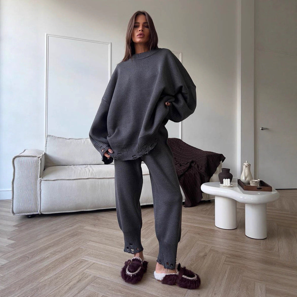 Ripped Sweater Women Autumn Winter Knitted Ankle Tight Pants Turtleneck Sweater Set