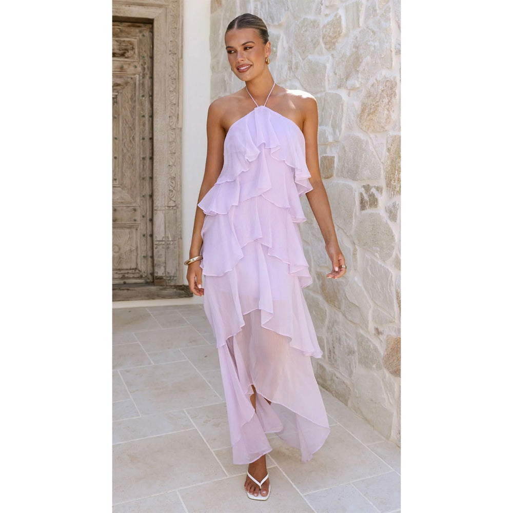 Spring Summer Ruffled Elegant Halter Solid Color Cake Chiffon Dress