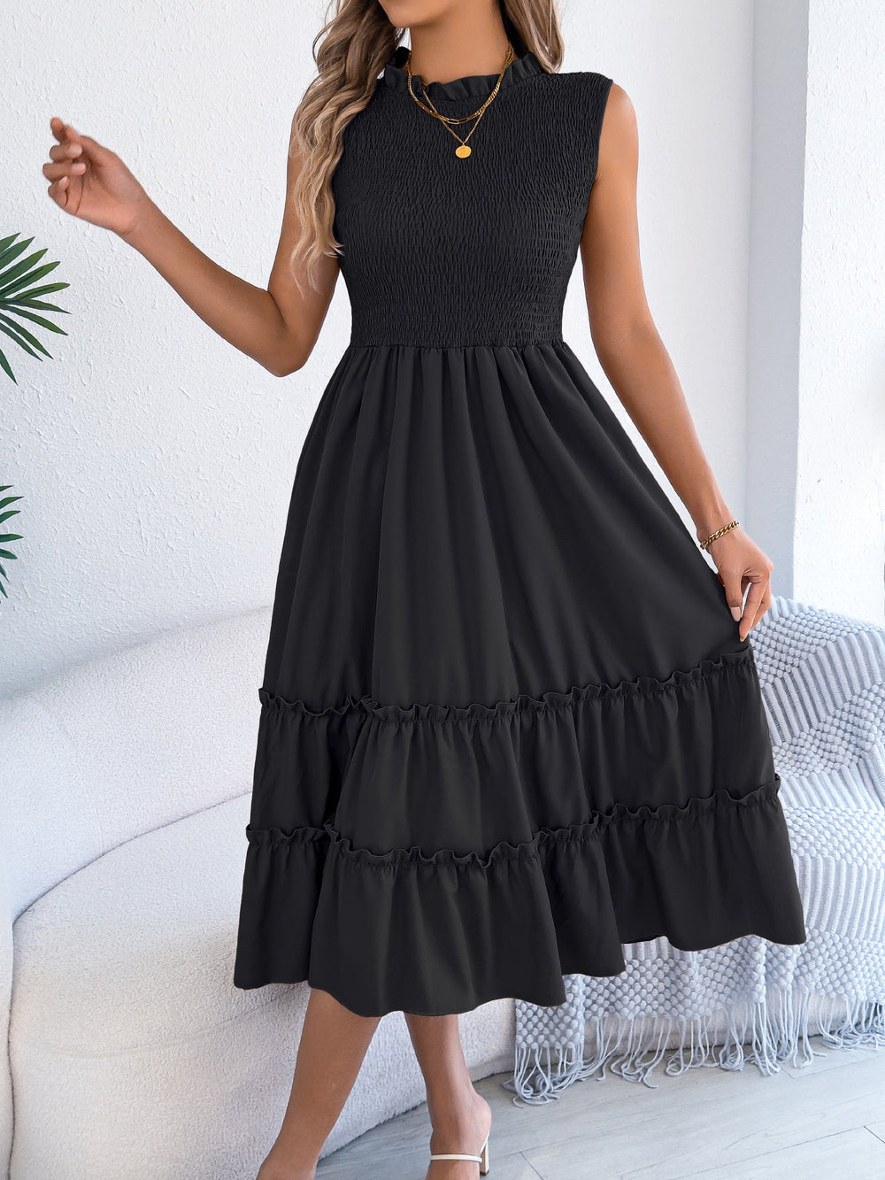 Spring Summer Casual Sleeveless Smocking Waist Tight Wooden Ear Large Swing Dress Independent Stand Women Clothing