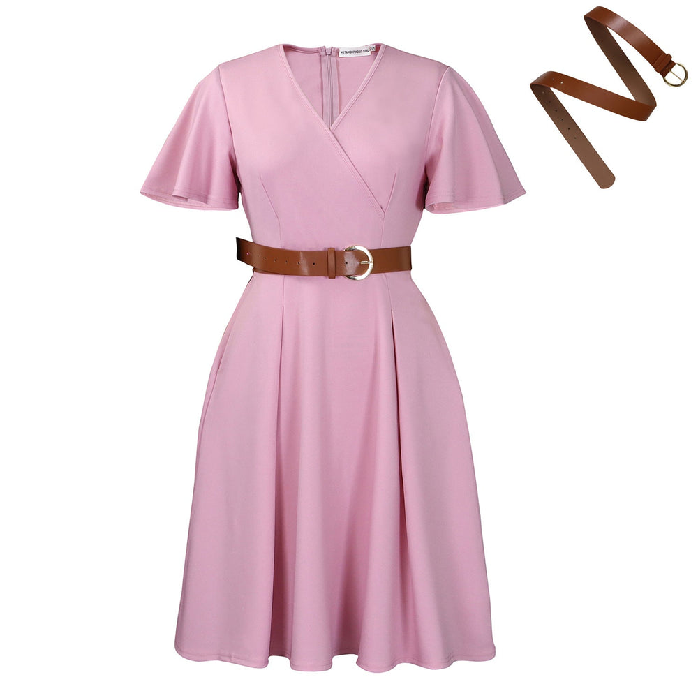 Women Clothing Elegant Solid Color V neck Flared Sleeves Dress