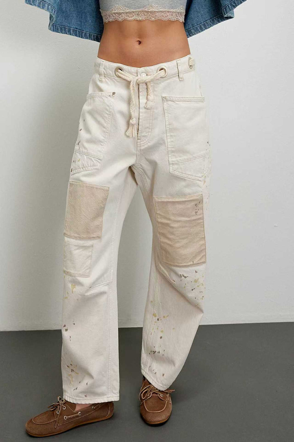 Eight Colors Retro Washed Stitching Patchwork Splash Ink Straight Drawstring