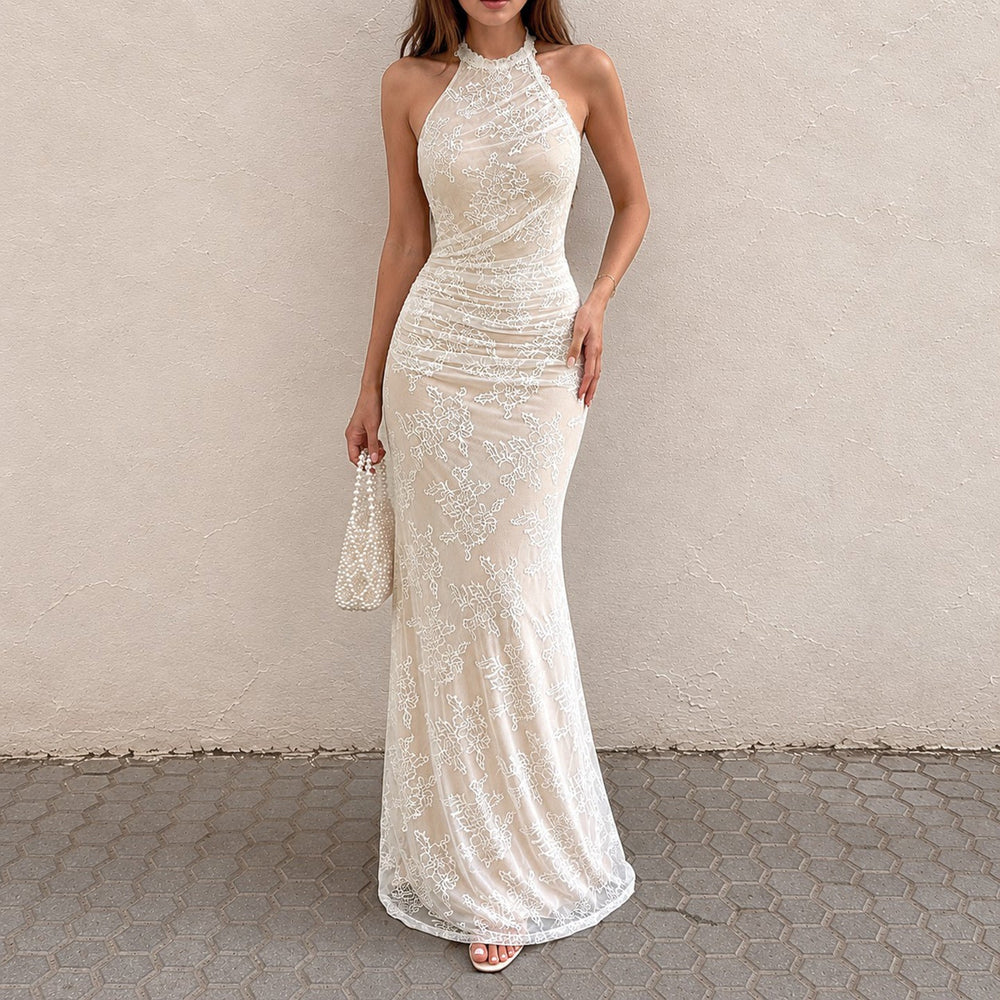 French Elegant Lace Stitching Ruffle Fitted Waist Backless Halter Dress Sexy Slim Vest Maxi Dress for Women