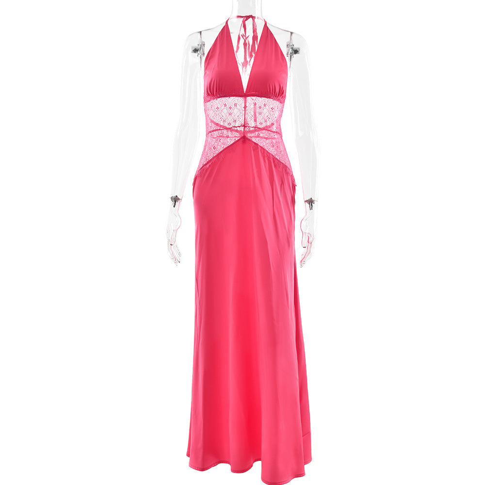 Summer Elegant Deep V Plunge Silky Satin Dress Stitching Halter Waist Tight Sexy Dress