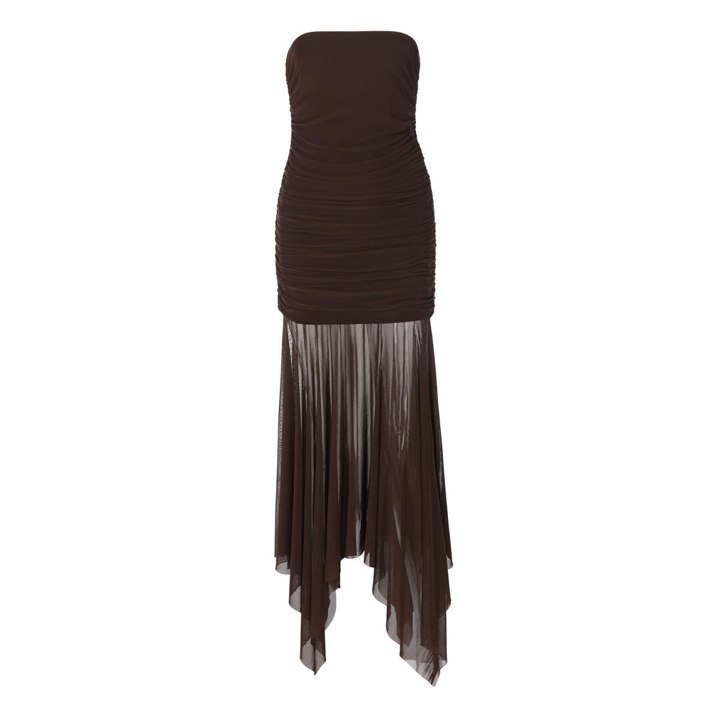 Women Clothing Spring Sexy Tube Top off Neck Mesh Stitching Dress