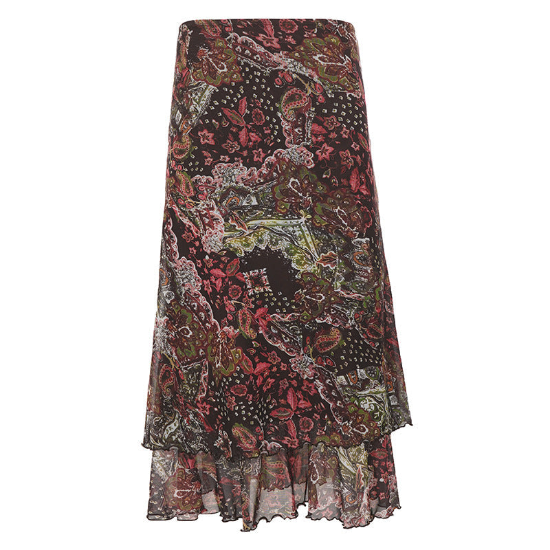 Retro Ethnic Print Wooden Ear Mesh Skirt Summer Niche Artistic Sense Vacation Sheath Skirt Women
