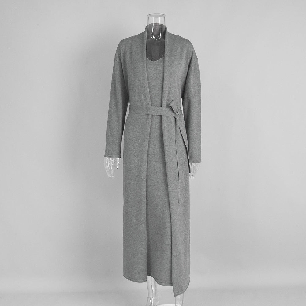 Women Knitted Long Sleeve Cardigan Sling Dress Set Autumn Soft Blouse