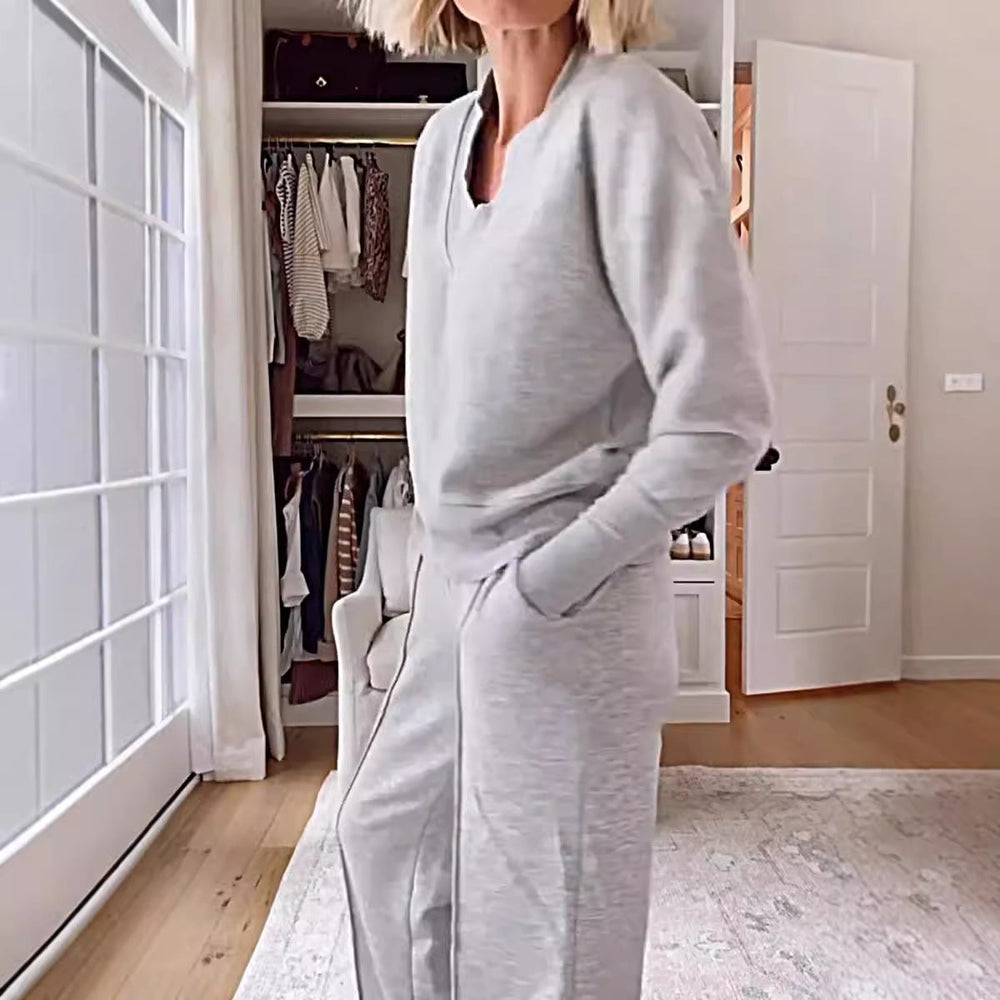 Autumn Casual V neck Long Sleeve Loose Top Wide Leg Pants Two Piece Set