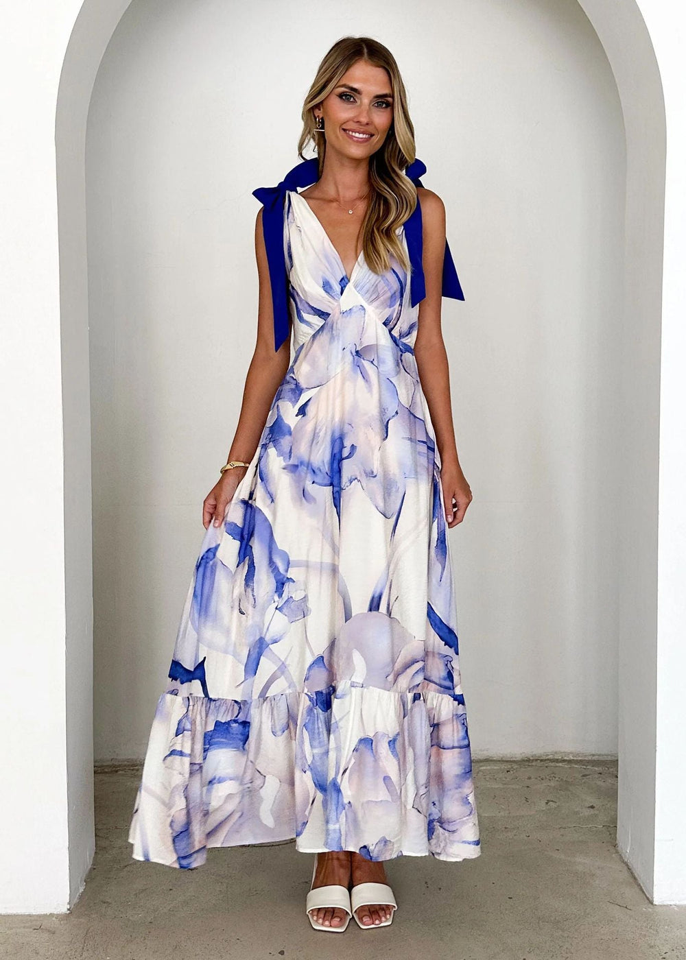 Summer Women Maxi Dress V neck Sleeveless Printed Dress