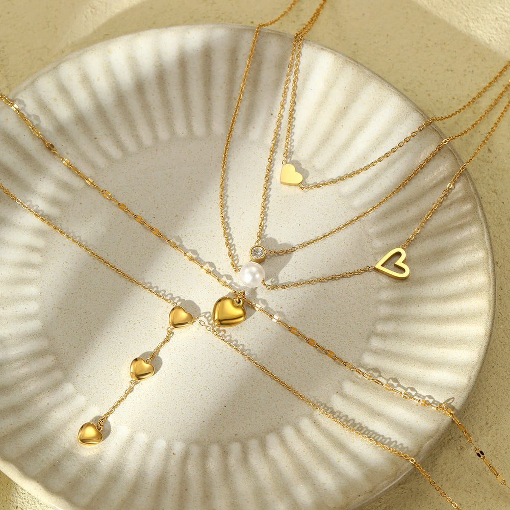 Fashionable Simple 18K Gold Stainless Steel Lovely Pearl Zircon Clavicle Three Chain Twin Necklace for Women