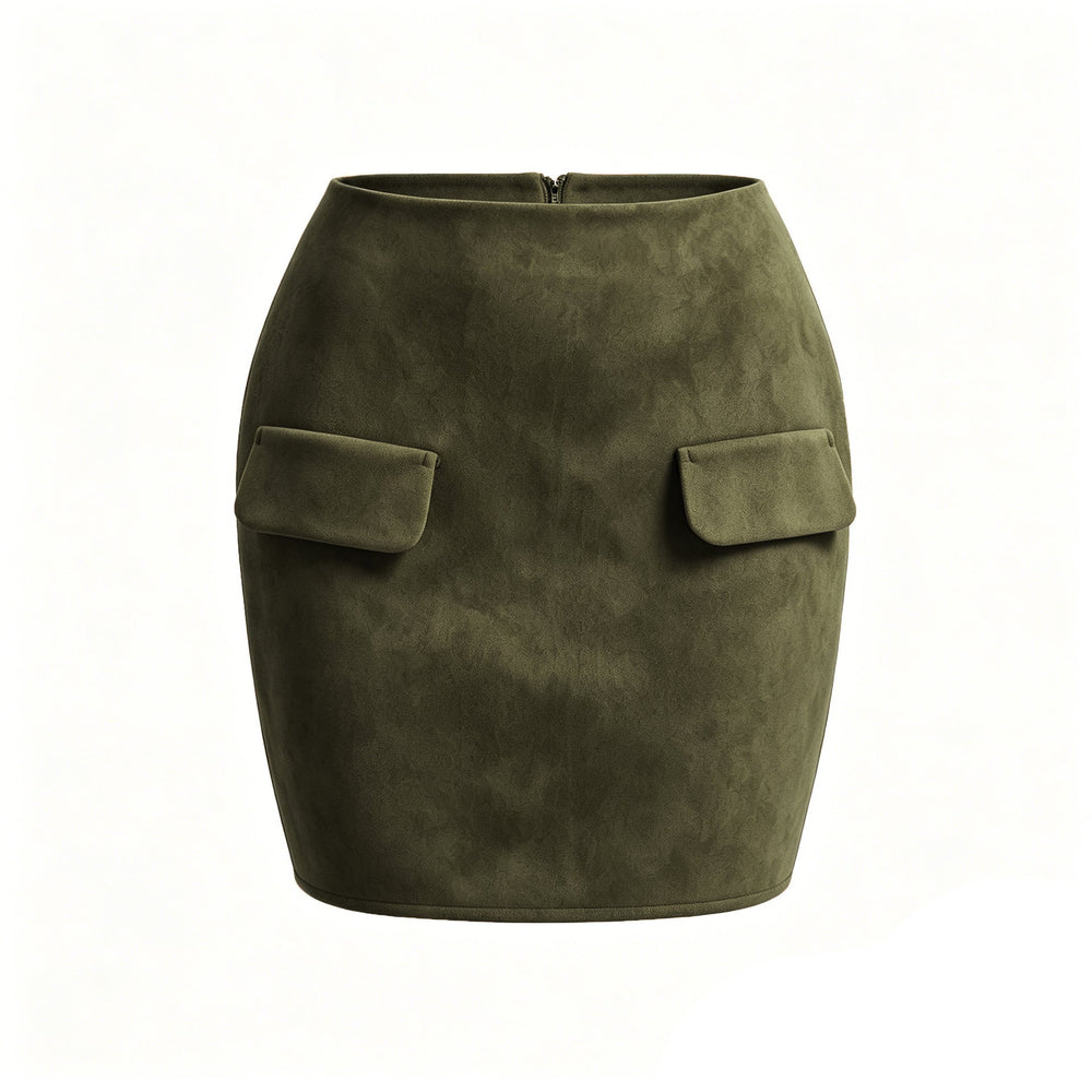 Autumn Winter Women Suede Double Pocket Skirt High Waist Package Hip Zipper Skirt