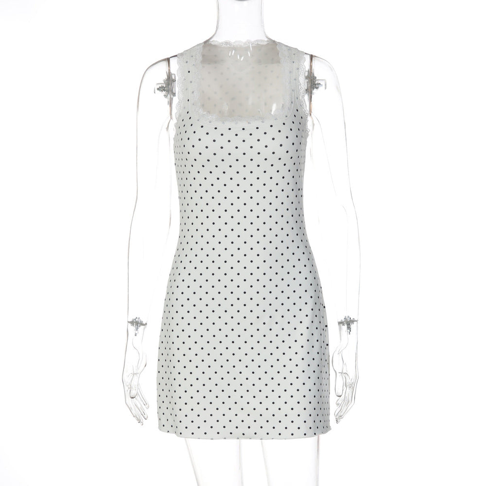 Polka Dot Lace Patchwork Dress Summer Sexy Short Sleeveless Slim Fit Bodycon Dress