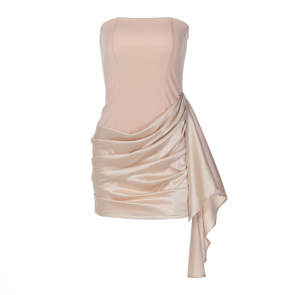 Women Clothing Autumn Satin Stitching Graceful Tube Top Sheath Pleated Slim Dress for Women