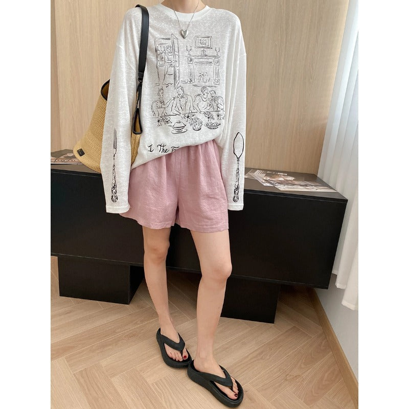 Idle Fun Cartoon Graffiti Letter Graphic Print round Neck Loose Long Sleeves T shirt