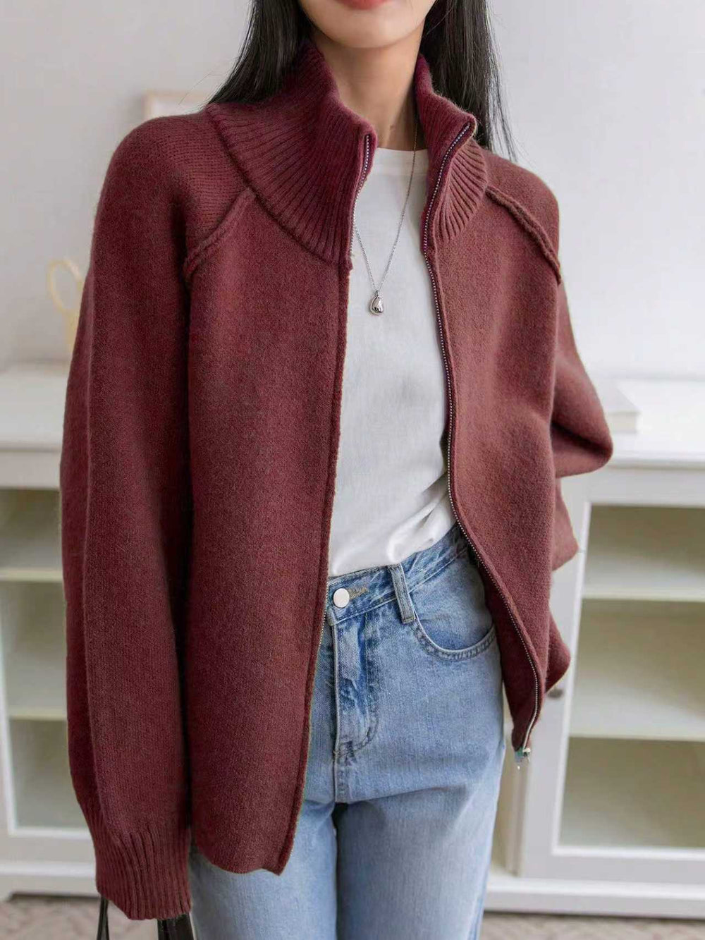 Lazy Sweater Coat Women Autumn Winter Korean Solid Color Stand Collar Zipper Knitted Cardigan Top