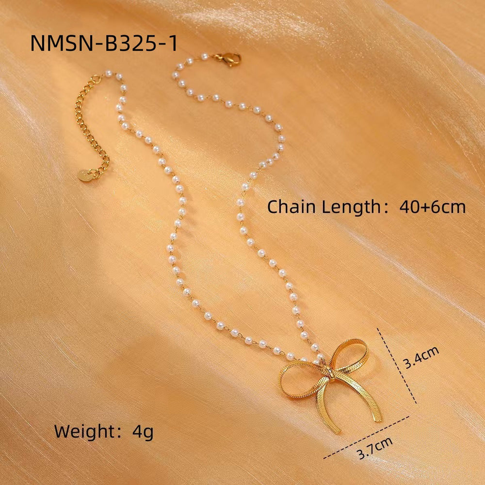 Pearl Bow Titanium Steel Necklace Women Light Luxury High Sense Stainless Steel Embellished