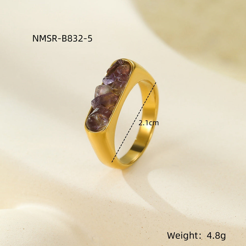 French Vintage Simple Inlaid Natural Stone Exquisite Elegant Stainless Steel Ring Rings All Match Jewelry Women