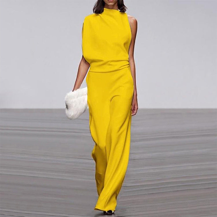 Women Pants Solid Color One Shoulder Pile Collar Jumpsuit Popular Dress Trousers