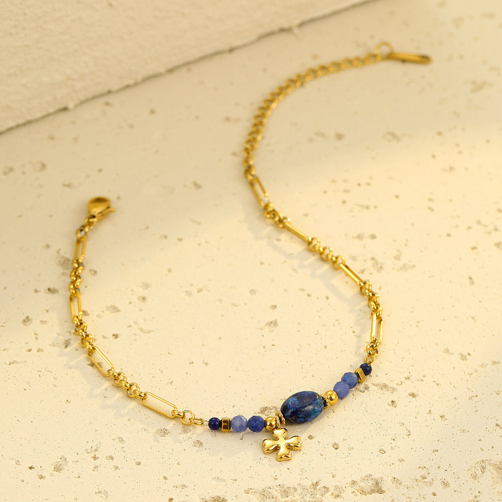 Stainless Steel Natural Stone Lapis Four-Leaf Clover Embellished Bracelet Women Titanium Steel Jewelry