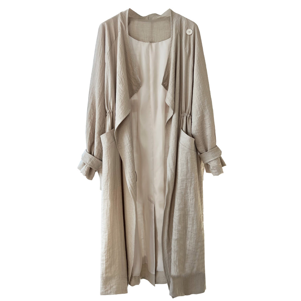 Chinese National below the Knee Trench Coat Women Mid Length Spring Drawstring Cotton Linen Coat