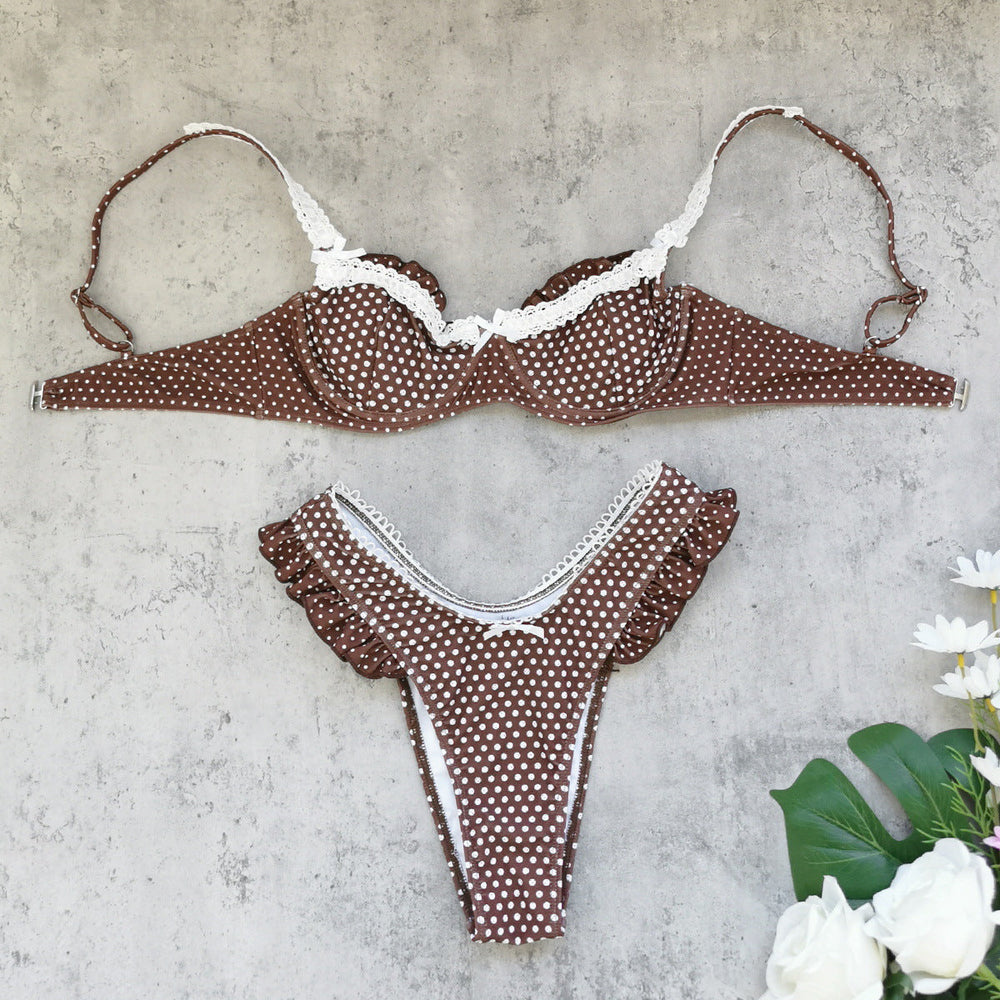 Women Flounced Sexy High Start Triangle Bikini Retro Dot Split Swimsuit