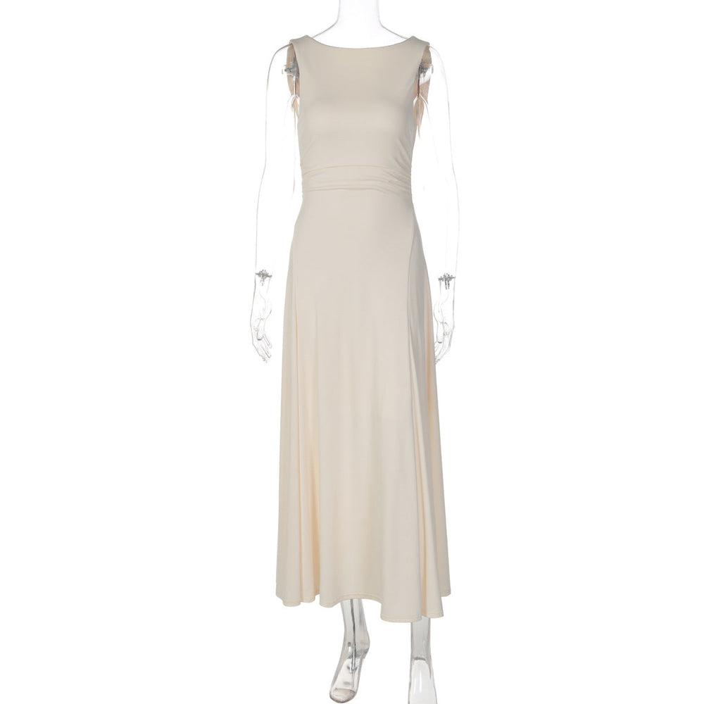 Women Clothing Summer French Low Cut Swing Collar Sleeveless Midi Dress