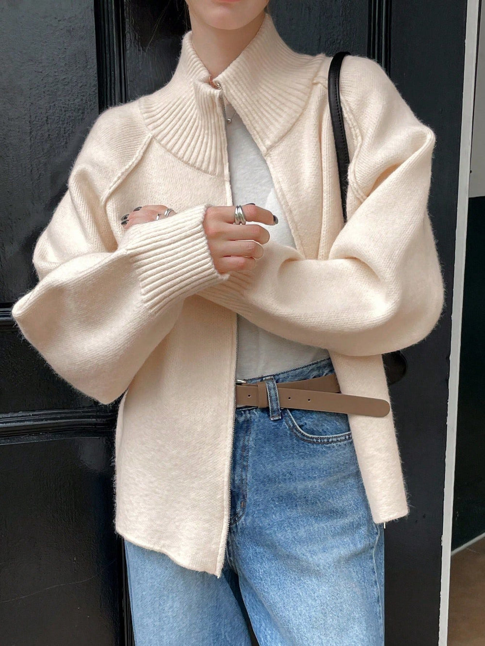 Lazy Sweater Coat Women Autumn Winter Korean Solid Color Stand Collar Zipper Knitted Cardigan Top