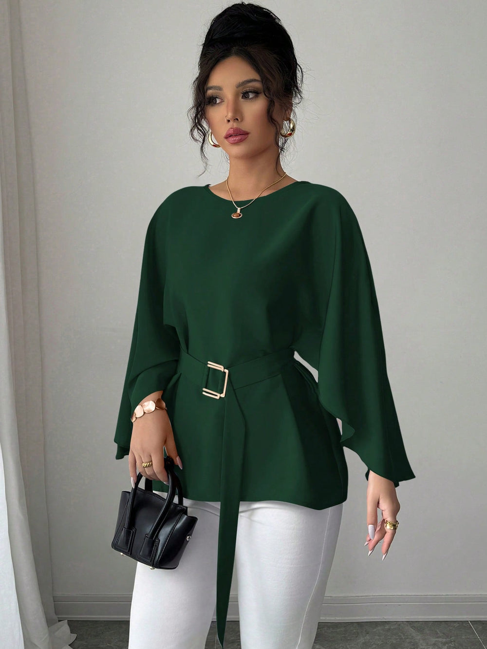 French Retro Trumpet Sleeve Round Neck Elegant Slimming Sense Design Top