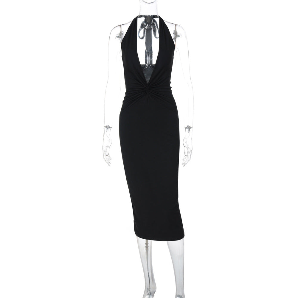 Sexy Deep V Plunge neck Sleeveless Solid Color Backless Street Sheath Mid Length Halter Dress Women Clothing