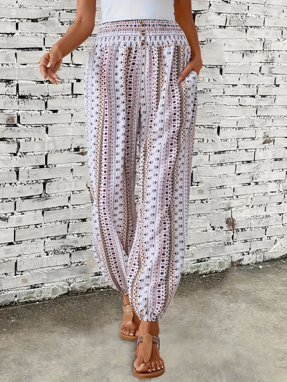 Spring Summer Women Clothing Bohemian Ethnic Print Loose Slimming Draping Effect Elastic Waist Ankle Tied Casual Pants