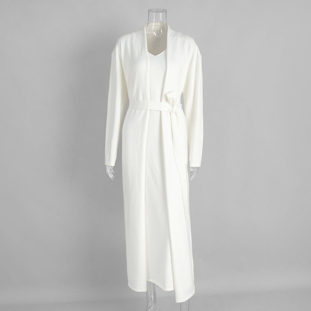 Women Knitted Long Sleeve Cardigan Sling Dress Set Autumn Soft Blouse