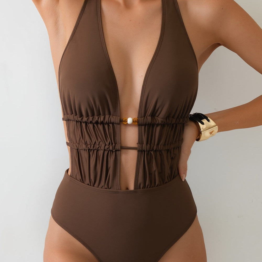 Bikini Solid Color Lace up One Piece Sexy Backless Siamese Bikini Swimsuit