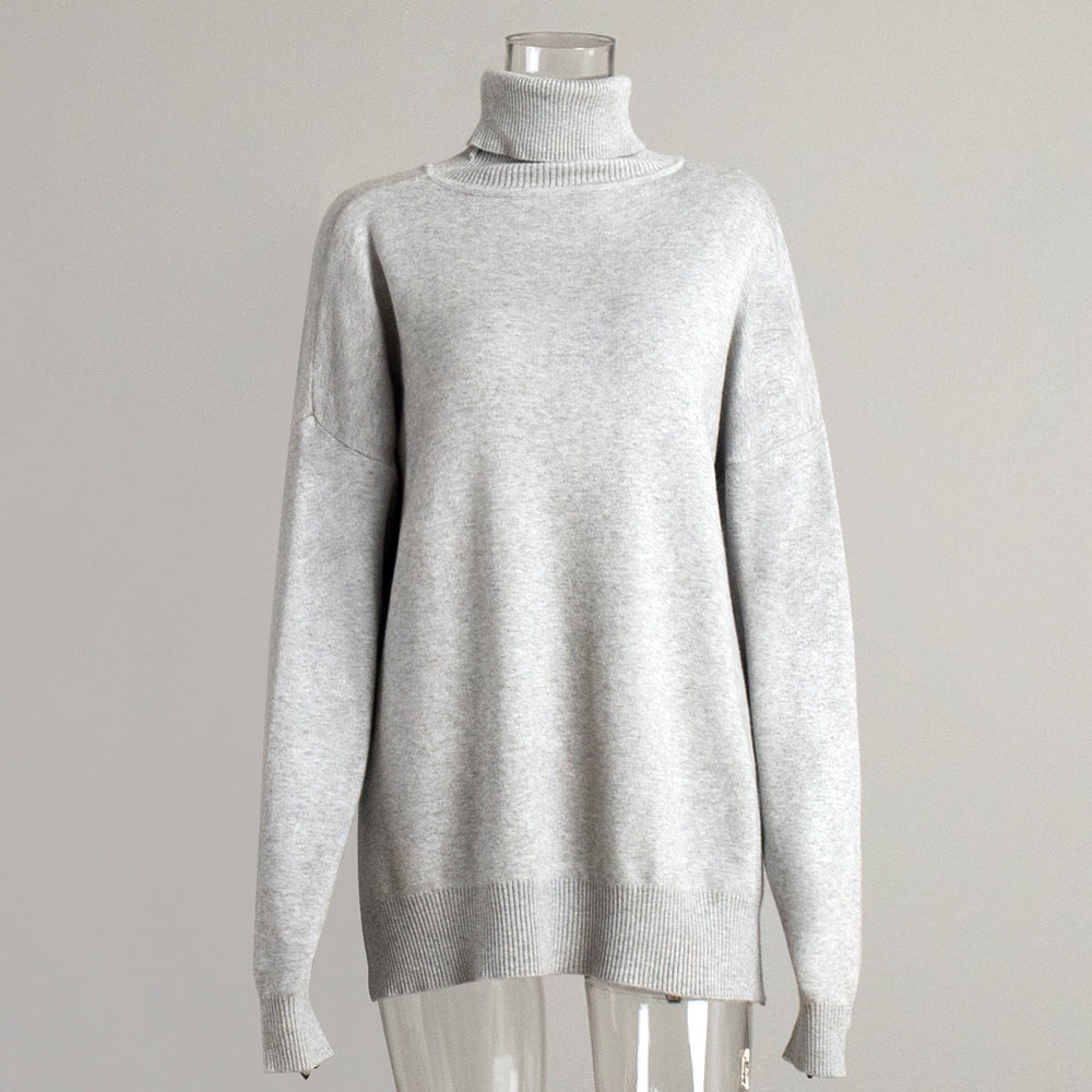 Turtleneck Sweater Women Autumn Winter Casual Sweater Slit Loose Solid Color Knitted Sweater