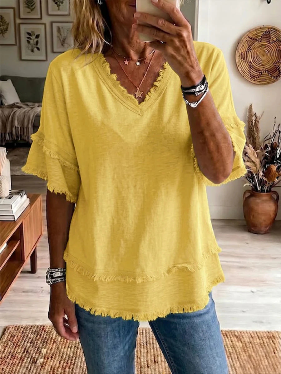 V neck Pullover Short Sleeve Loose Women Shirt Casual Women Tops
