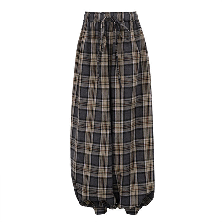 Women Clothing Retro Plaid Casual Pants Simple Lace up Loose Fit Tappered Trousers