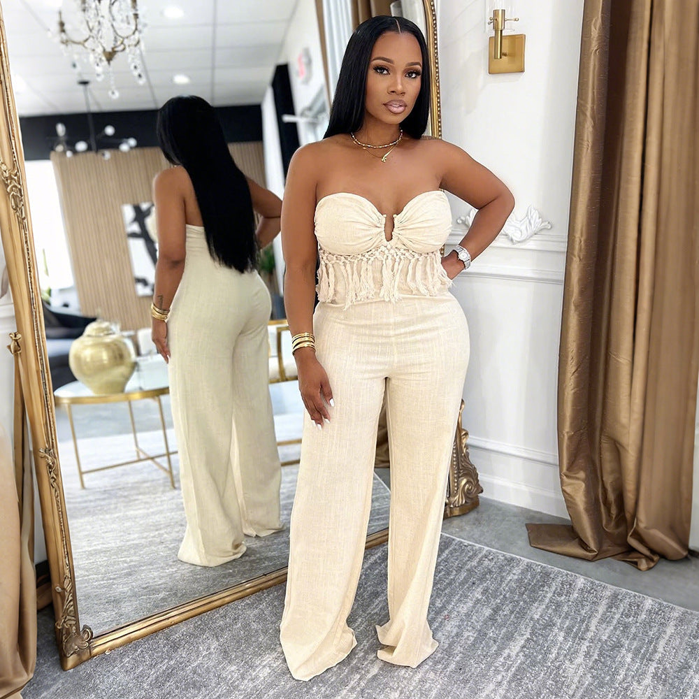 Sexy Tube Top Solid Color Jumpsuit Casual Slim Trousers