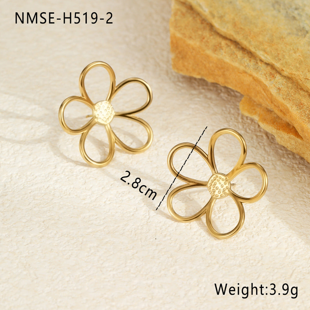 Gold Silver Color Matching Hollow Out Cutout out Floral Titanium Steel Ring Stainless Steel Earrings Mild Luxury Retro Earrings Hand Jewelry