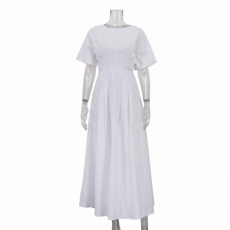 Women Clothing Simple Casual A line Dress Cotton round Neck Short Sleeve Waist Controlled Dress