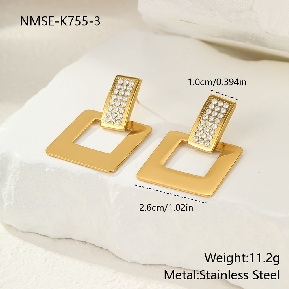 Geometric Abstract Diamond Square Stainless Steel Earrings Plated 18K Gold Light Luxury Elegant Ear Rings
