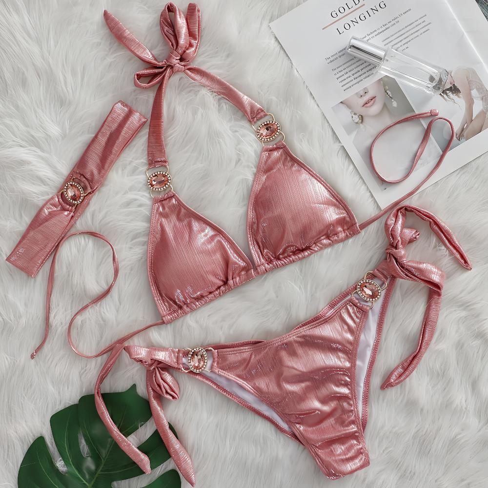 Sexy Bikini Crystal Diamond Three Piece Split Swimsuit Beach Shiny Women Swimsuit