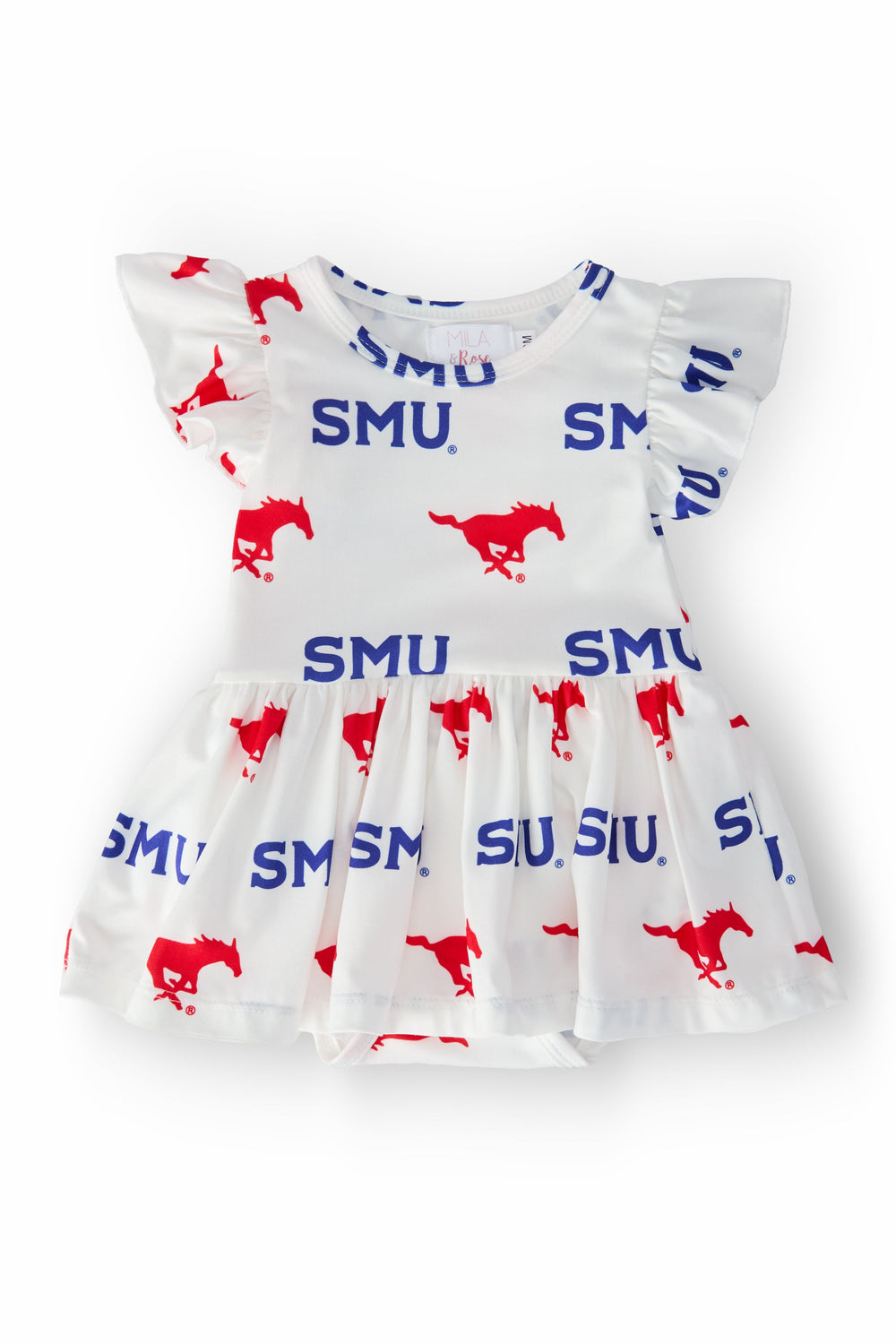SMU White Mustang S/S Flutter Twirl Bodysuit
