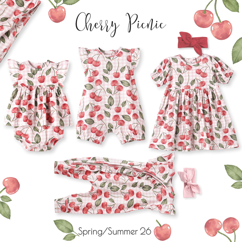 Cherry Picnic Baby Girl Romper – Soft Bamboo Zipper