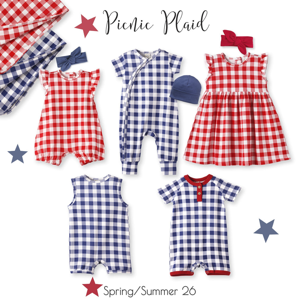 Picnic Plaid Bamboo Baby Zipper Romper w/Convertible Cuffs Tesa Babe