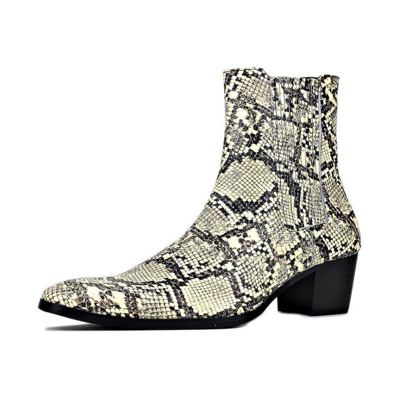 OSSTONE Men Chelsea Ankle Boots Leather Snake Print Chukka Boots Cuban Heel Retro Dress Disco Boots JY039