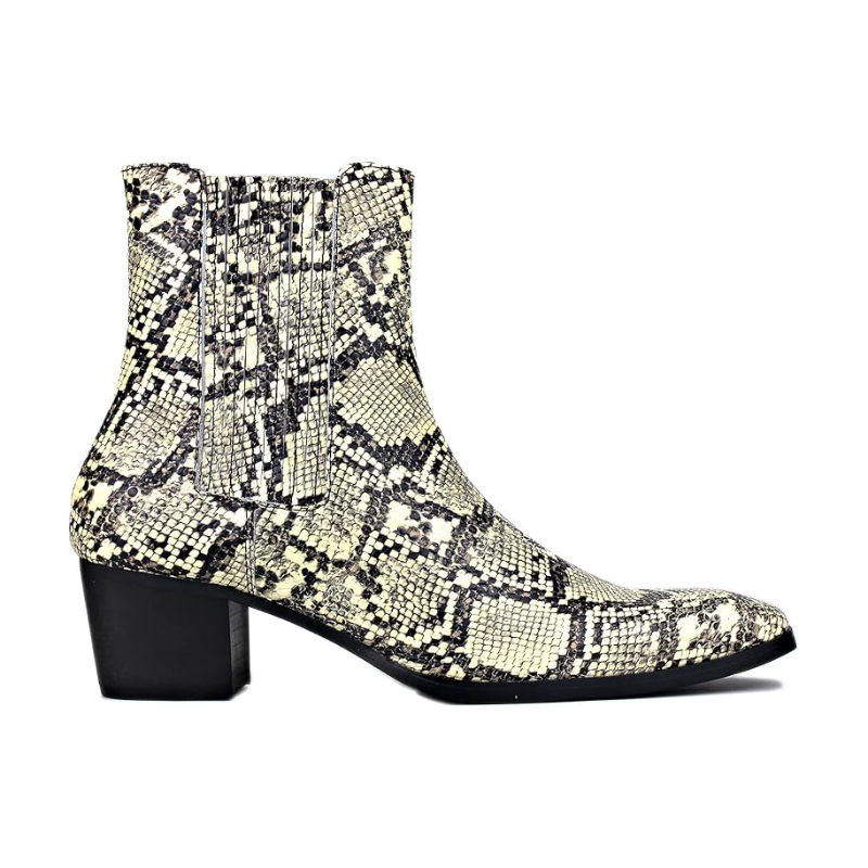 OSSTONE Men Chelsea Ankle Boots Leather Snake Print Chukka Boots Cuban Heel Retro Dress Disco Boots JY039