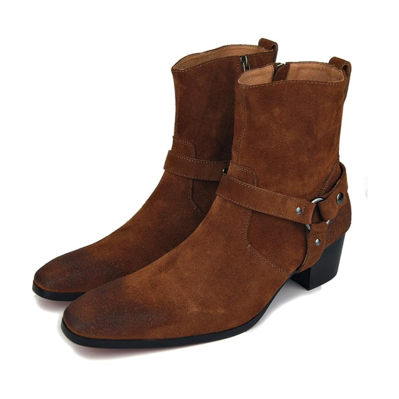 OSSTONE Men Chelsea Ankle Boots Leather Heeled Boots With Side Zipper Cuban Heel Dress Boots Disco Shoes OZ-JY002-suede