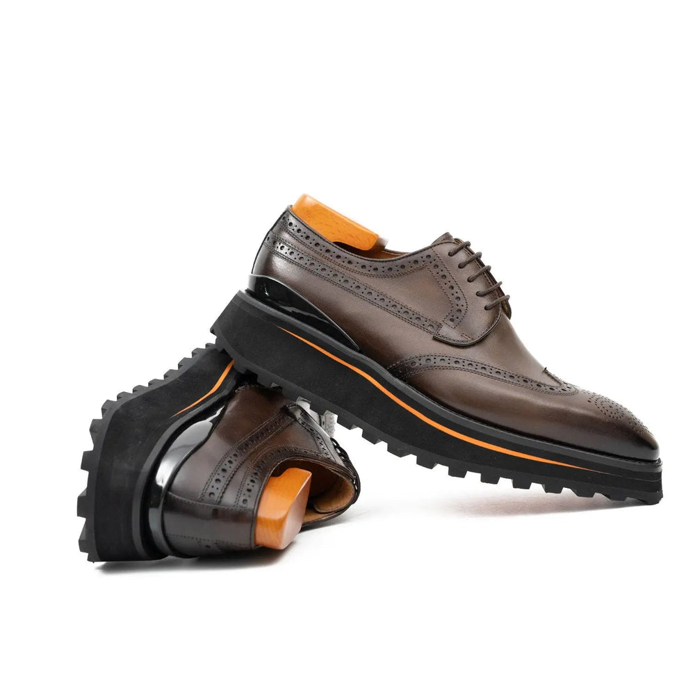 Thick-soled calfskin formal brogue derby shoes coffee