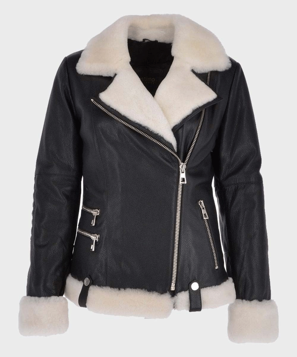 Women’s Black Motorcycle Shearling Leather Jacket